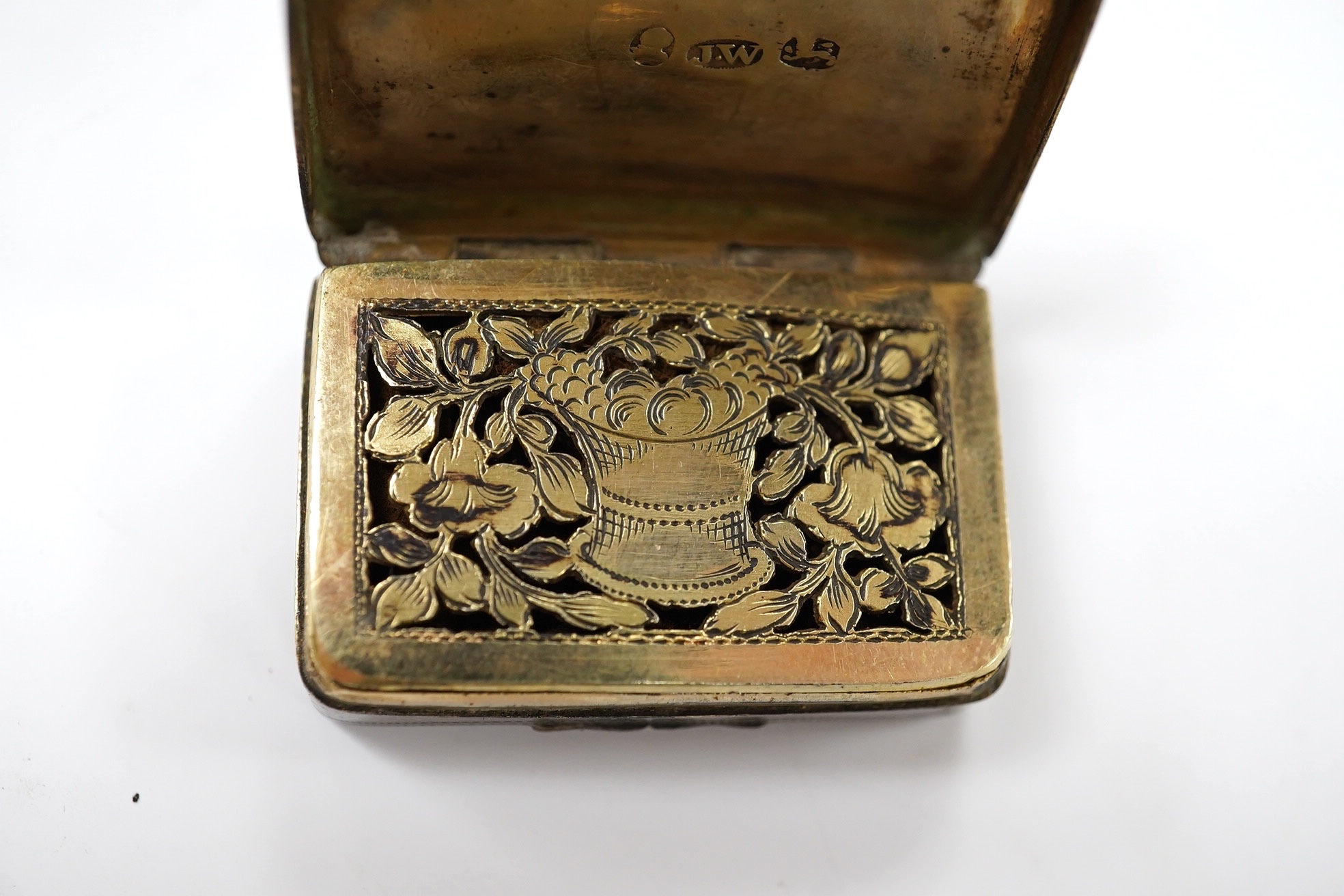 A George III silver concave vinaigrette, by Joseph Wilmore, Birmingham, 1812, 34mm, engraved 'L'Amitie'. Condition - poor to fair